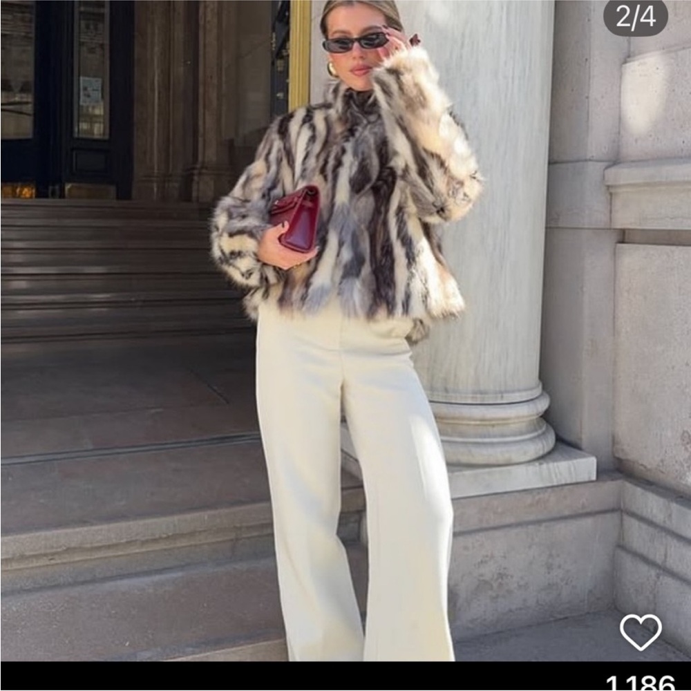 Zara Faux Fur Coat in White, Black and Brown - Picture 5 of 8